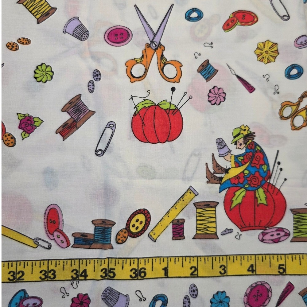 Daisy Kingdom Tossed Notions Fabric White Sewing Print 44in x 1yd